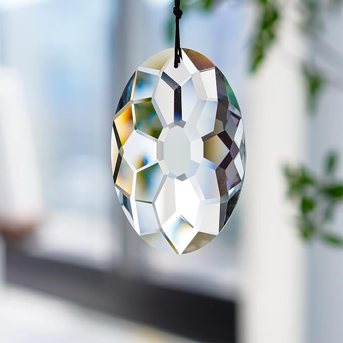 YU FENG 3.5 Inch Oval Crystal Prism Suncatcher, Clear Rainbow Maker | Clear Faceted Crystal Design, Window Hanging Pendant, Sun Catcher Ornament, Natural Light Reflection, Indoor Outdoor Decor