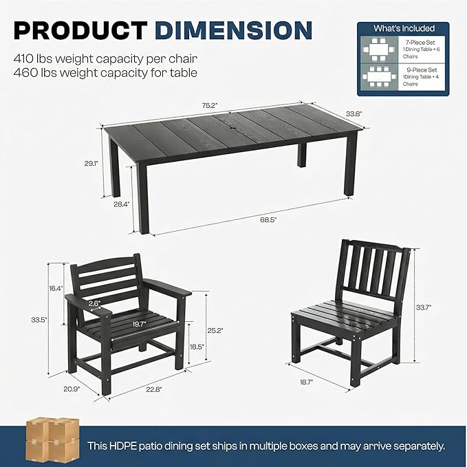 9-Piece Outdoor Dining Set for 8, 75.2" HDPE Table with Umbrella Hole & 8 Chairs, All-Weather Patio Furniture for Lawn, Yard, Deck, or Poolside, Fade & Crack Resistant (Black)