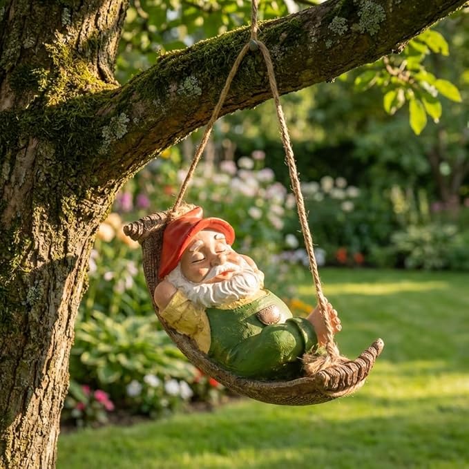 TERESA'S COLLECTIONS Green Garden Gnome Statues for Garden Decor, Resin Hanging Decorations for Outdoor, Tree Ornaments Figurines for Outside Gifts for Mom Women and Man