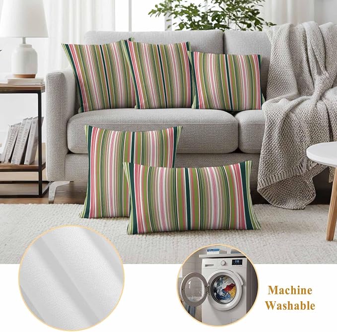 Outdoor Waterproof Throw Pillow Covers Set of 2 Sage Green Striped Pillowcases 24x24 Inches Geometric Pink Stripes Decorative Pillows Cushion Case Patio Pillows for Couch Bed Chair Garden