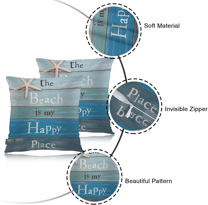Swono Decorative Square Pillow Covers 18x18 Inch Beach, The Beach is My Happy Place Wooden Quote Polyester Pillow Case Set of 2, Soft Cushion Cover Pillowcases for Home Bedroom Couch Sofa Armchair