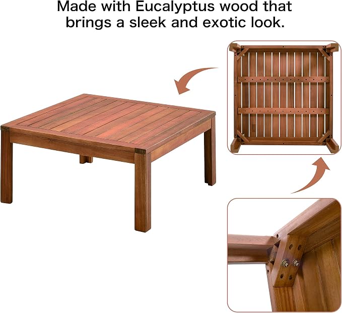 4 Piece Outdoor Patio Sectional Sofa w/Comfort Seat Cushions, All Weather Acacia Wood Patio Sectional Conversation Seat with Plus Coffee Table and Strong Metal Accessories, Water-resistant (Grey+AC)