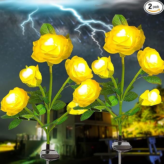 SmilingTown Solar Garden Stake Lights 2 Pack with 10 Rose Flowers Landscape Path Decorative Lights Waterproof for Outdoor Yard Grave Cemetery Pathway Courtyard Lawn (Yellow)
