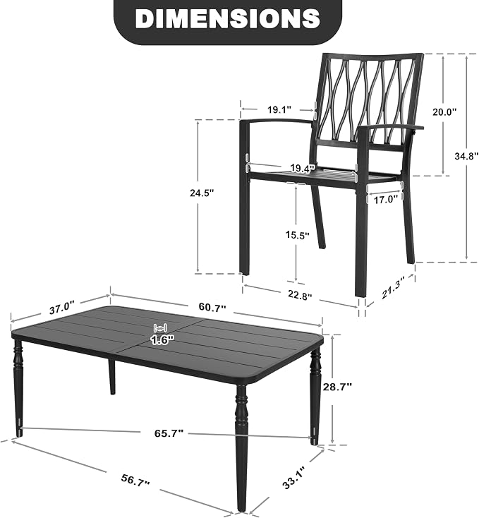 NUU GARDEN 7-Piece Outdoor Metal Dining Set, Weather-Resistant Patio Furniture, 61” x 37” Rectangle Dining Table with Umbrella Hole and 6 Stackable Chairs for Backyard, Balcony, Garden, Lawn, Black