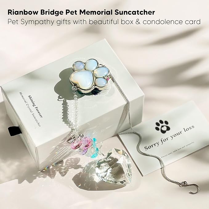 Dog Memorial Gifts, Pet Memorial Suncatcher, Loss of Dog Sympathy Gift | Thoughtful Dogs and Cats Bereavement Remembrance Gifts, Natural Cat's Eye Stone Paw Crystal Suncatcher