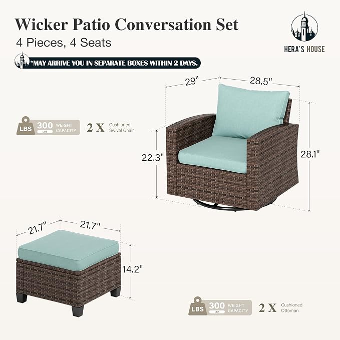 HERA'S HOUSE Patio Wicker Chairs Outdoor Swivel Rocker Chairs Set with Ottomans, 4 Piece Patio Seating Furniture Conversation Sets for Lawn Deck Porch Pool, Brown/Blue