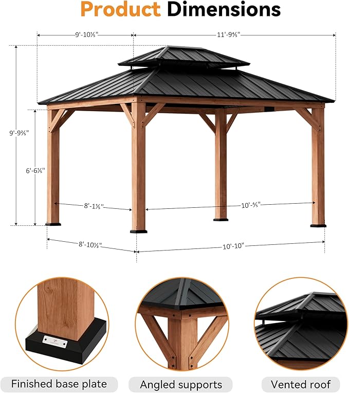 Modern Shade Rosewood Wood Gazebo 10' x 12', Hardtop Gazebo Permanent with Double Galvanized Steel Roof, Cedar Outdoor Gazebo with Sturdy Hooks for Garden, Backyard, Patio, and Deck
