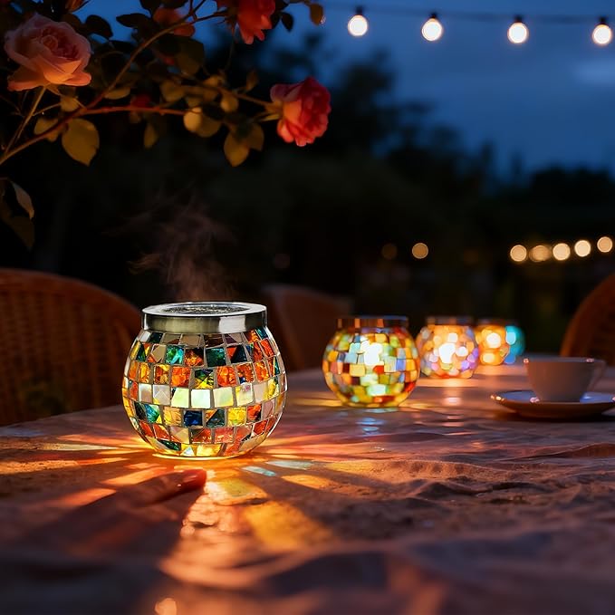Cooo 2 Pack Gift for her him Landscape Lighting Path Lights Heavy Solar Mosaic Lantern with RGB Color-Changing Light – Dual Solar Panels, Red Amber Glass Tiles, Waterproof Outdoor