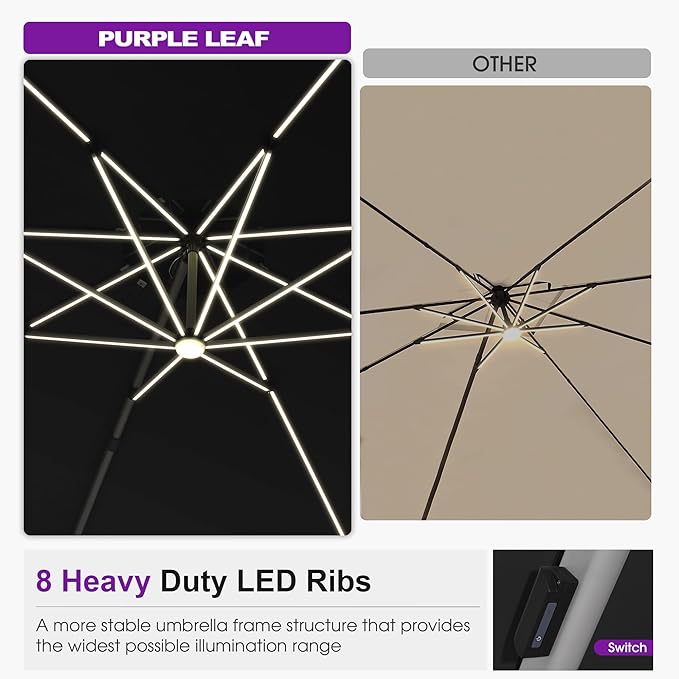 PURPLE LEAF Cantilever Umbrella with Base 13ft Outdoor Round Patio Solar Powered LED Umbrella with 360-degree Rotation for Garden Deck Pool Patio, Grey