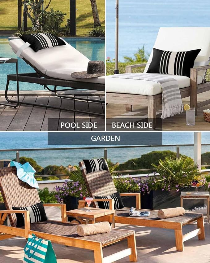 Pack of 4 Outdoor Lumbar Pillow Covers 12x20 Inch, Black Beige Striped Waterproof Throw Pillow Covers Set, Modern Farmhouse Retro Lines Indoor&Outdoor Decorative Cushion Cases for Patio Porch Beach