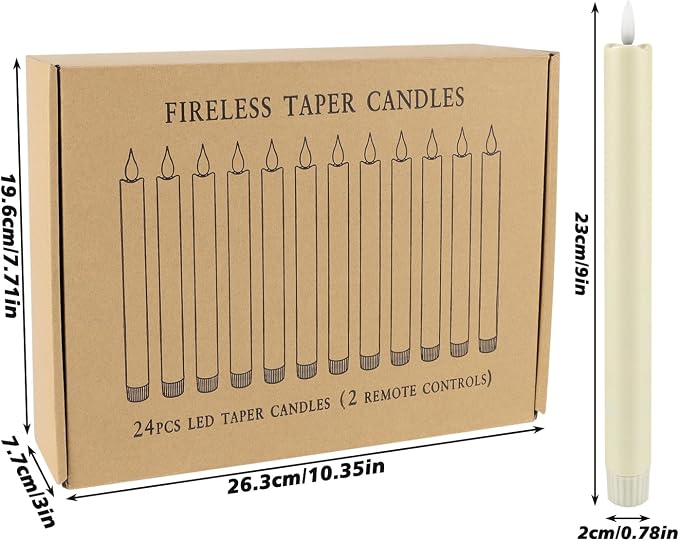 YOROXRG 24 Pack LED Flameless Taper Candles with Timer, Dripless Fake Candlesticks with 3D Flickering Flame, 9.6 Inches White Window Candle for Fireplace Christmas Halloween（Ivory）