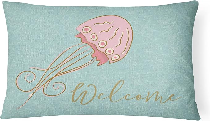 Caroline's Treasures BB8555PW1216 Jelly Fish Welcome Canvas Fabric Decorative Pillow Machine Washable, Indoor Outdoor Decorative Pillow for Couch, Bed or Patio, 12HX16W