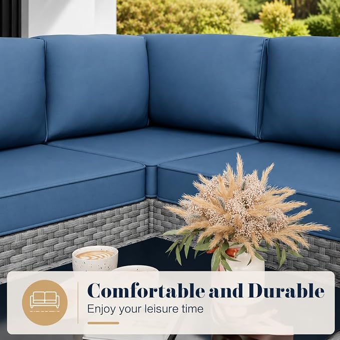 JAMFLY 5-Piece Patio Furniture Set, All-Weather Wicker Outdoor Sectional Sofa with Soft Cushions, Modular Conversation Set for Backyard, Deck, Garden & Poolside(Aegean Blue Cushion)