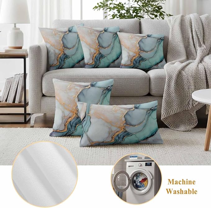 Marble Texture Outdoor Waterproof Throw Pillow Covers Set of 2, 26"x26", Abstract Teal Blue Gold Crack Art Decorative Pillow Covers Outside Cushion Case for Patio Porch Garden