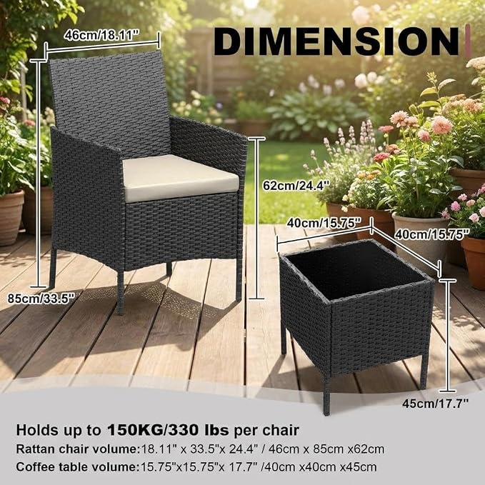 3PCS Outdoor Patio Bistro Set, PE Wicker Armchairs with Coffee Table, Beige