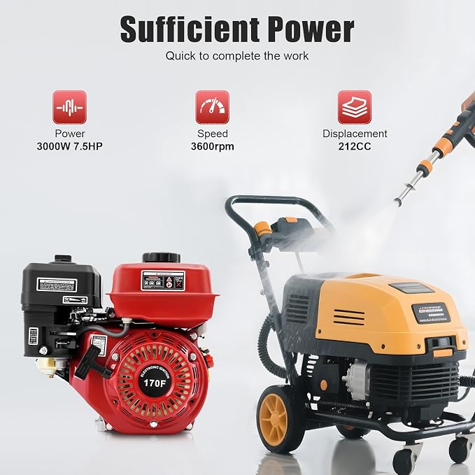212CC Gas Powered Engine, 3000W 7.5HP Gas Engine Motor 0.95 Gal Small Go Kart Engine for Water Pumps, Lawnmowers, Minibikes 3600Rpm with Nylon Camshaft & Air Filter Pull Start