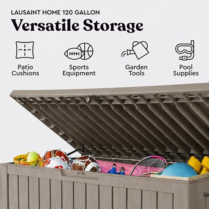 LAUSAINT HOME 120 Gallon Resin Deck Box, Package Delivery Box with Lockable Lid, Waterproof Outdoor Storage Box For Garden Tools, Patio Cushions(120 Gallon,Grey)