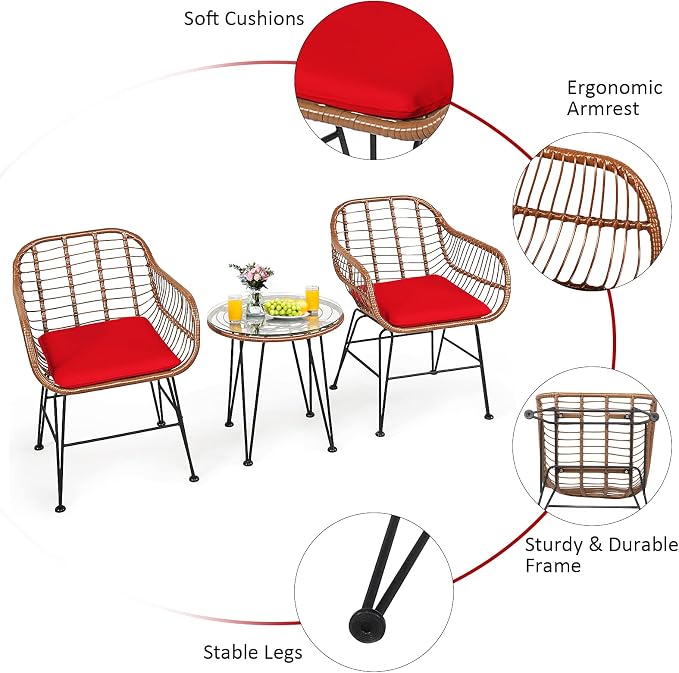 COSTWAY 3 Pieces Patio Bistro Set, Outdoor Rattan Conversation Seating Chair Set with Coffee Table & Soft Cushions, Indoor Wicker Furniture Set for Garden, Balcony, Porch, Pool, Red