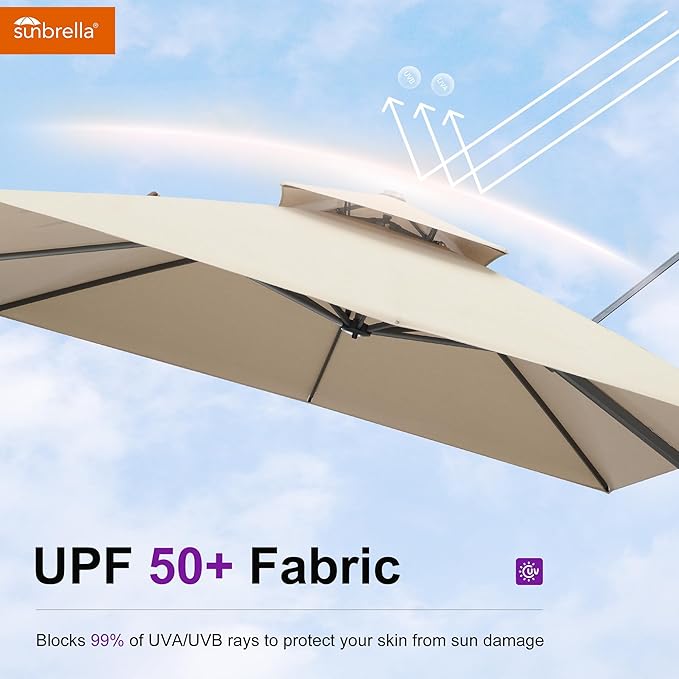 PURPLE LEAF 12FT Sunbrella Cantilever Umbrella Outdoor Large Heavy Duty Double Top Offset Hanging 360° Rotation Square Umbrella for Garden Patio Deck Pool Backyard Spectrum Sand