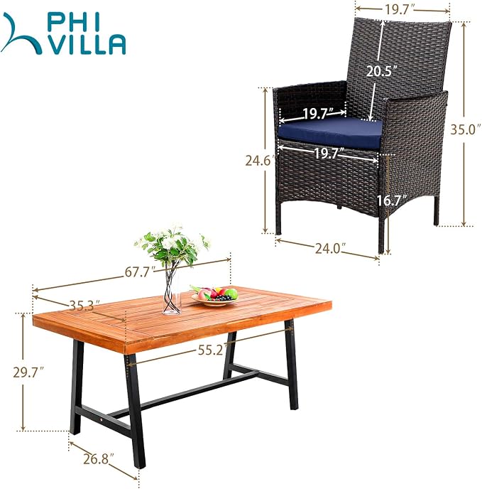 PHI VILLA Outdoor Dining Set for 6, Wicker Chairs & Acacia Wood Table | 1 Acacia Wood Table & 6 Cushioned Rattan Chairs, Outdoor Dining Furniture Set for Deck, Yard or Indoor