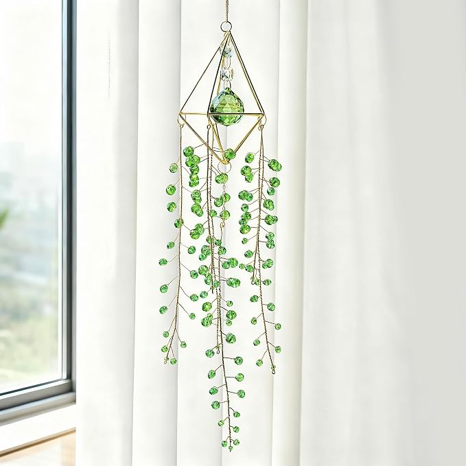 Crystal Suncatcher Glass Wind Chimes Sun Catchers Rainbow Plant Suncatcher | Crystal Beaded Plant Suncatcher for Window Hanging Home Garden Decor (15.4inch,Green)
