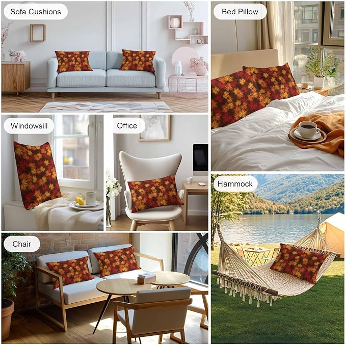 Brown Thanksgiving Outdoor Waterproof Pillow Covers, Fall Maple Leaves Farmhouse Vintage Decorative Rectangle Throw Pillowcase Sofa Cushion Sham for Patio/Couch/Chair, 20"x12" 2 Pack