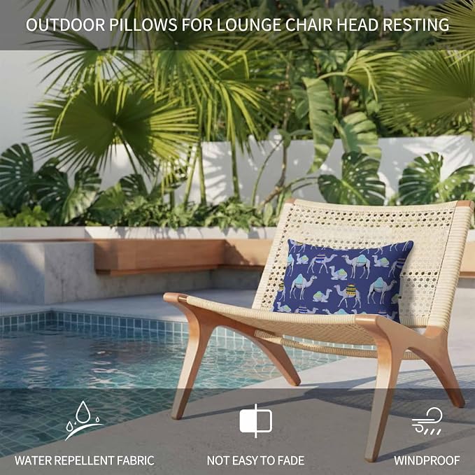 Chaise Lounge Headrest Pillow 2 Pack, Dark Blue Camels Waterproof Chair Pillows with Insert & Adjustable Elastic Strap for Beach Recliner, Modern Watercolor Cute Funny Animals Outdoor Patio Pillow