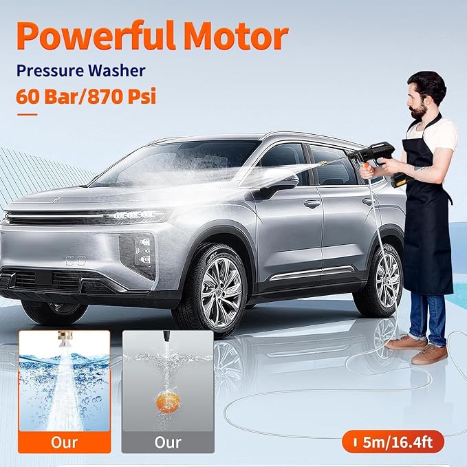 Cordless Pressure Washer Guns: 1000 PSI Portable Electric Washer for Vehicle, Driveway & Deck - Ergonomic Handle Design with 30min Runtime & 2 Nozzle Black
