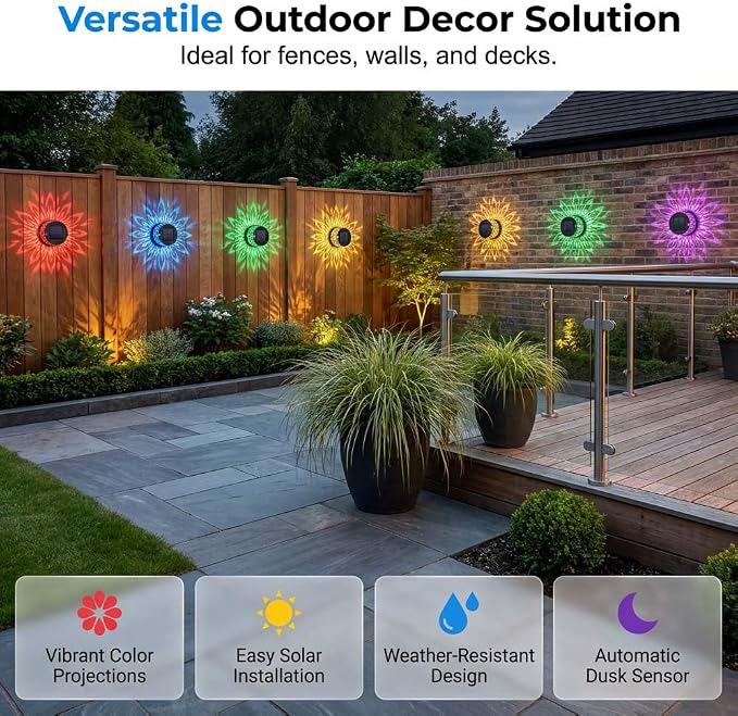 Decorative Solar Mandala Lights, Metal Solar Powered Outdoor Wall Lights Solar Powered Deck Step Stair Light, Waterproof Mandalas Fence Light for Garden Yard Backyard Post Patio Decor (2, Flower)