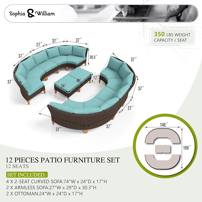 Sophia & William Outdoor Wicker Sectional Sofa Set, 12 Piece Half Moon Curved Patio Furniture Modern Round Outdoor Couch Conversation Set with Ottoman for Backyard, Deck, Garden(Aqua Blue)