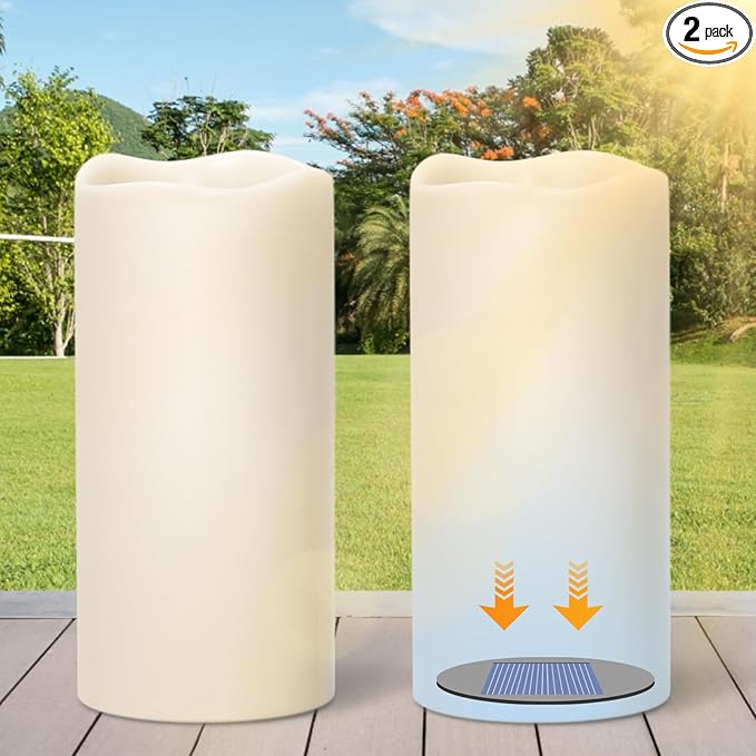 Large Solar Powered Candles, Outdoor Rechargeable Flameless Candles, Waterproof LED Light Candles Flickering for Lantern Garden Camping Patio Home Decor Dusk to Dawn 2 PCS 4" x8"