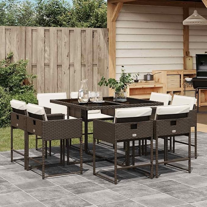 9 Piece Patio Dining Set with Cushions Brown Poly Rattan Outdoor Rattan Furniture Set for Garden Backyard Deck, Tempered Glass Table and 8 Folding Chairs with Cream White Cushions UV Proof