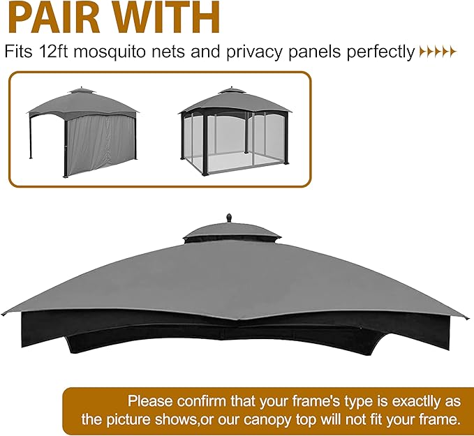 Coastshade Replacement Gazebo Canopy Top for Lowe's Allen Roth Heavy Duty Roof Gazebos Top with Mesh,10x12 Gazebo Cover #GF-12S004B-1, Replacement Top Only (Gray)