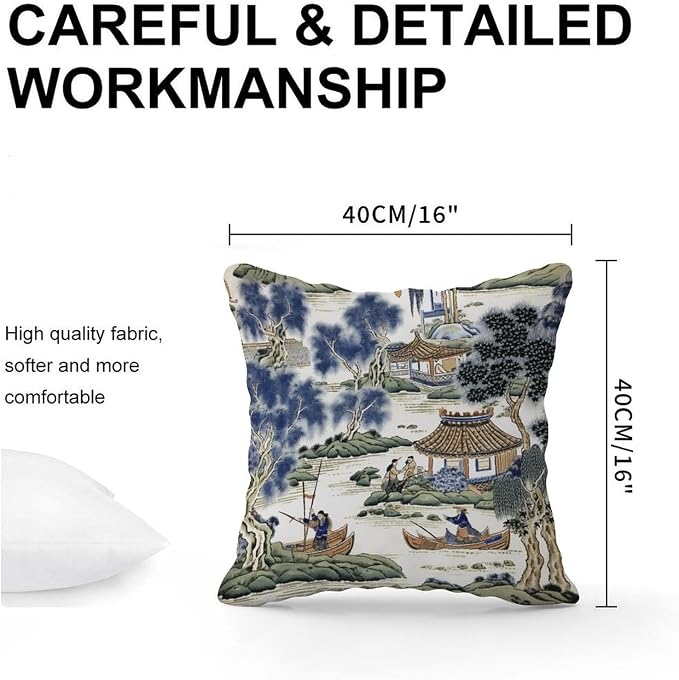 Asian Scenic Cushion Cases Blue and Green Chinoiserie Throw Pillow Cover Modern Throw Pillow Covers Farmhouse Decorative for Patio Furniture Tent Garden 16x16 in