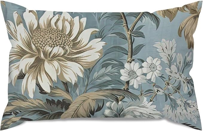 Lumbar Throw Pillow Cover Spa On Flax Blue Chinoiserie Pillows Modern Grey Peony Asian Pillow Cover Accent Outdoor Garden Decoration for for Couch Sofa Bedroom Car 16x26in