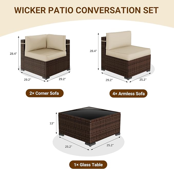 Patio Furniture Set, Modular 7-Piece Patio Conversation Sets with Coffee Table, All-Weather Wicker Outdoor Sectional for Backyard and Balcony, Beige (Waterproof Covers Included)
