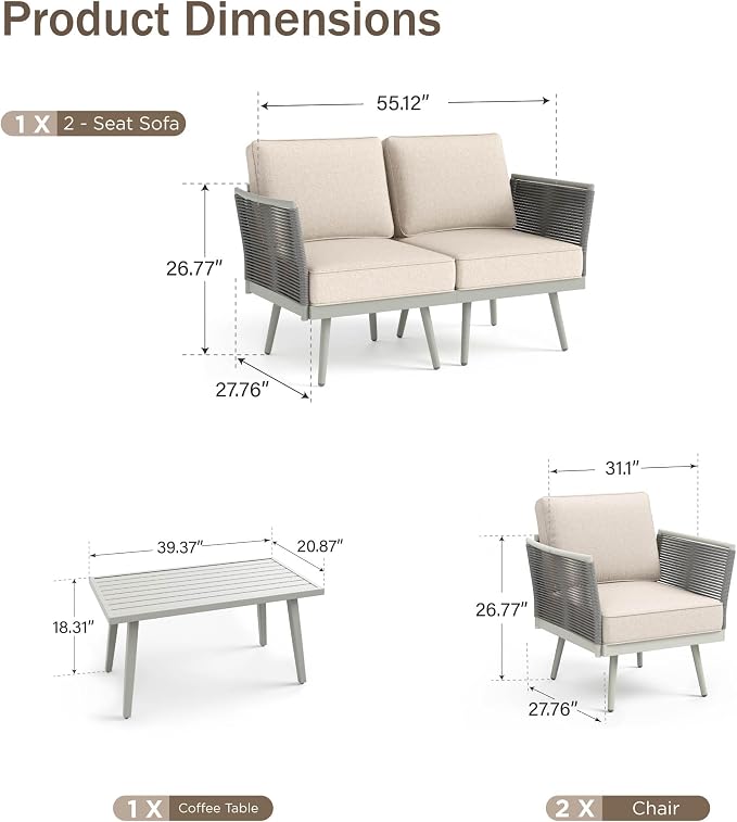 PHI VILLA 5-Piece Rope Rattan Patio Sectional Furniture Set,Modern Outdoor Conversation Set with Detachable Armrests and Grey Metal Frame,All Weather Patio Sofa with Coffee Table and Biege Cushions