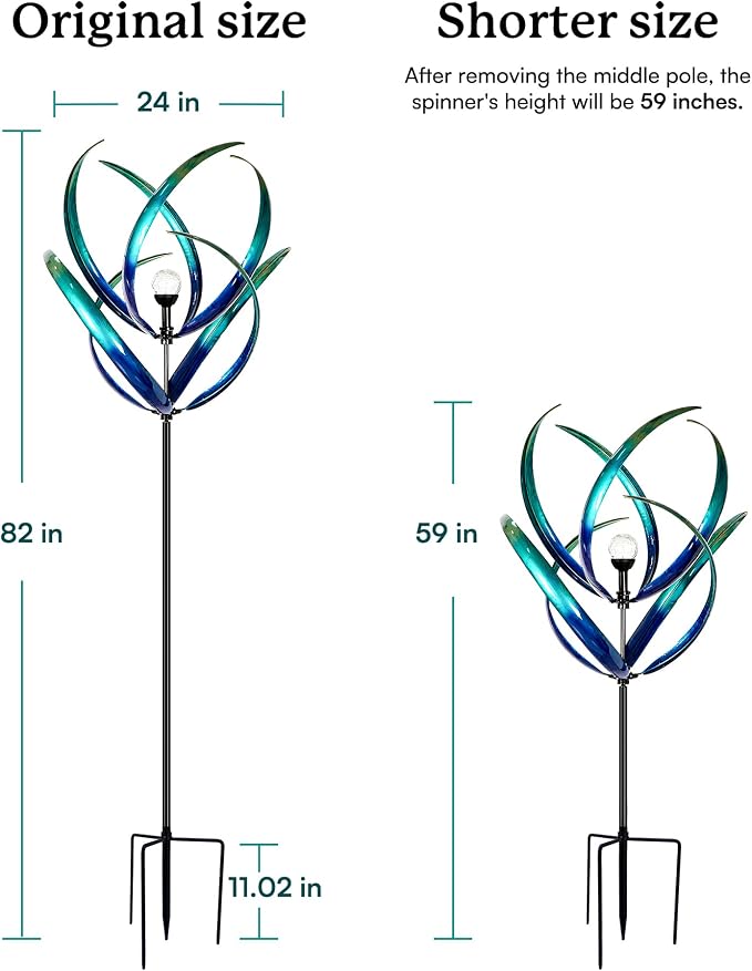 82 inch Wind Spinners Outdoor - Extra Large Outdoor Metal Wind Sculptures Spinners with Solar Light, Windmills for The Yard Garden, Yard Art Garden Lawn Decor - Peacock Blue