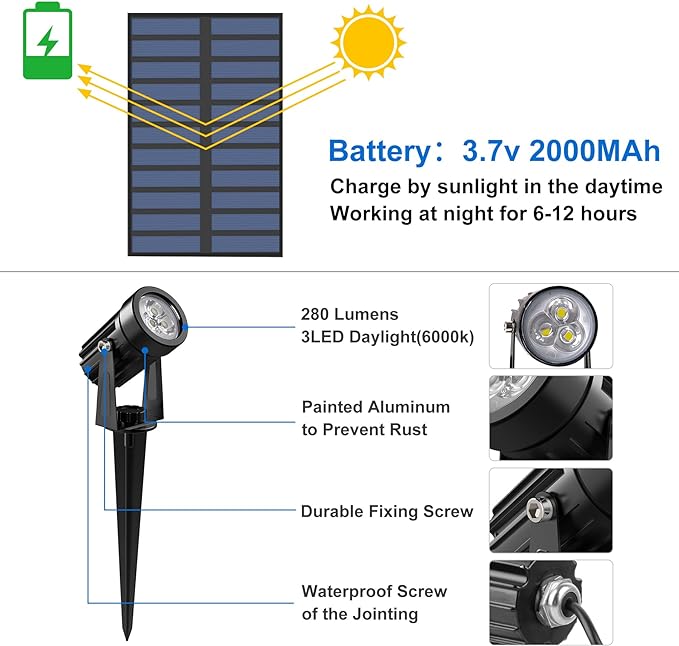 Solar Spot Lights Outdoor, Solar Landscape Spotlights IP65 Waterproof 9.8ft Cable,Auto On/Off Outdoor Wall Lights for Garden Yard Driveway Porch Walkway Pool (6000K White)