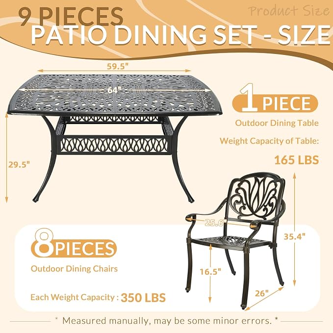 9 Piece Outdoor Patio Dining Set for 8, Cast Aluminium Large Square Dining Table & 8 Stackable Chairs, Umbrella Hole, Patio Furniture Set for Garden Porch Poolside, Dark Bronze