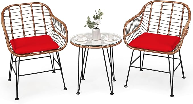 COSTWAY 3 Pieces Patio Bistro Set, Outdoor Rattan Conversation Seating Chair Set with Coffee Table & Soft Cushions, Indoor Wicker Furniture Set for Garden, Balcony, Porch, Pool, Red