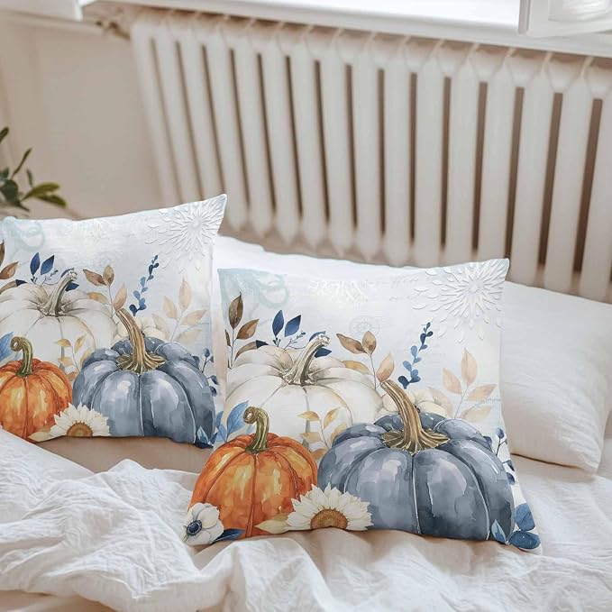 Fall Outdoor Throw Pillows Covers 24x24 inch Set of 2 Waterproof Blue White Pumpkin Zippered Cushion Covers for Patio Furniture, Autumn Eucalyptus Leaf Floral Thanksgiving Lumbar Pillowcases