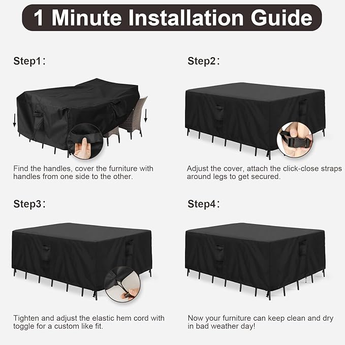 PureFit Patio Furniture Covers, Outdoor Table Furniture Cover Waterproof, Patio Sectional Couch Set Cover for Deck, Lawn and Backyard, UV Resistant, 126"L x 126"W x 32"H, Black