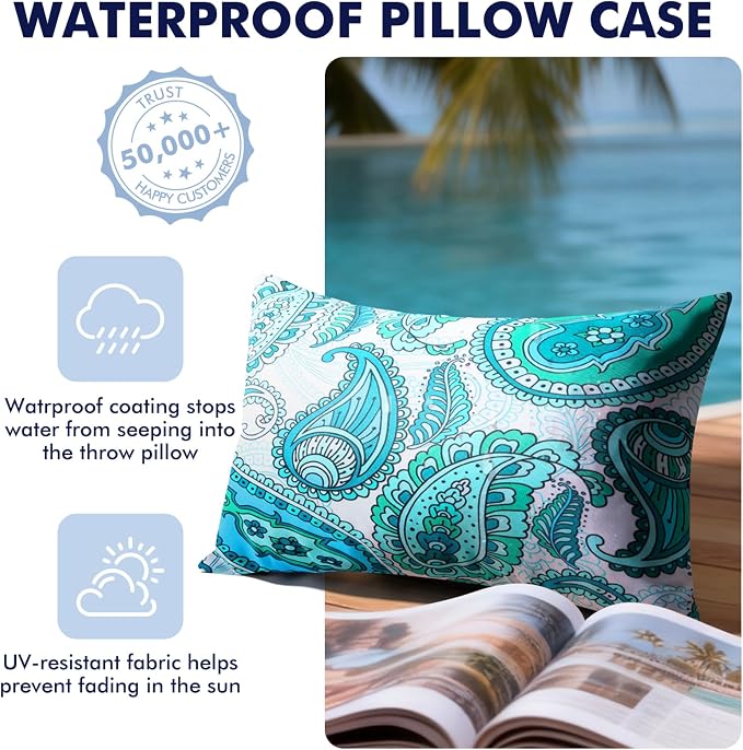 2 Pack Waterproof Outdoor Pillows, 12x20 Outdoor Lumbar Pillows | Patio Furniture Pillows, Decorative Throw Pillows, Waterproof &Fade Resistant, Removable & Washable, Paisley Blue