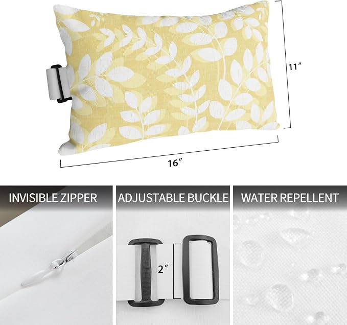 Outdoor Lumbar Pillow Set of 1, Pale Yellow Leaves Waterproof Beach Headrest Pillow with Inserts, Farmhouse Botanical Branch Vintage Boho Recliner Throw Pillows for Patio Furniture, 11 x 16