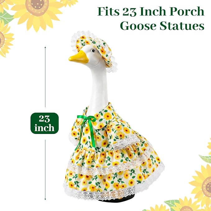 Porch Goose Outfits for 23 Inch Goose Statue, Summer Sunflower Dress with Yellow Hat and Lace Trim, Porch Goose Clothes for Outdoor Garden Lawn Patio Decor