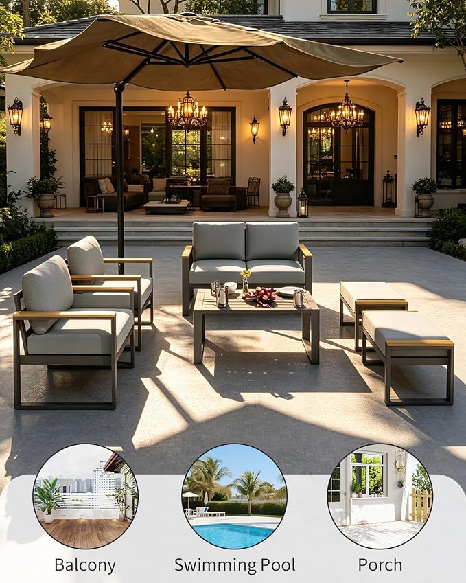 Aluminum Outdoor Patio Furniture - 1 Pcs Loveseat and Coffee Table, All-Weather Metal Modern Outside Furniture with Washable Thick Cushion for Balcony, Garden, Deck, Backyard,Gray