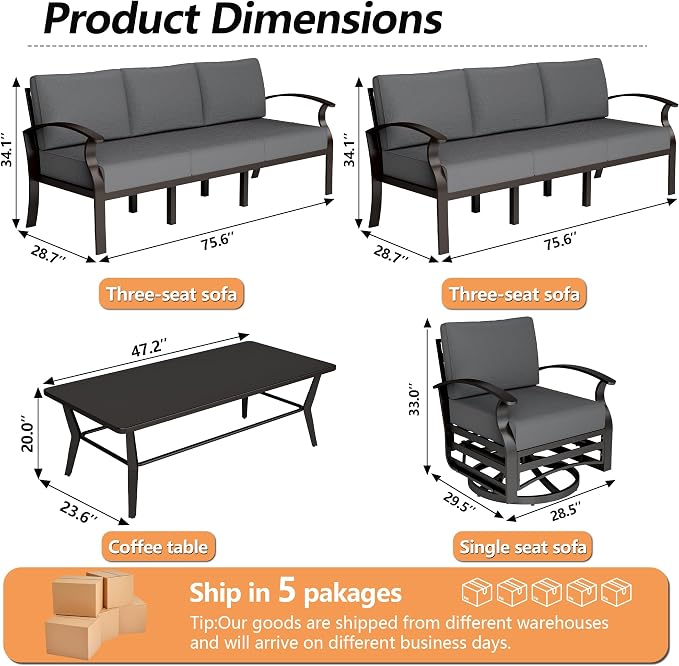 Aluminum Patio Furniture Set with Coffee Table,8 Seats Metal Modern Outdoor Furniture w/5.1" Thick Cushions,Patio Sectional w/Swivel Chairs for Patio,Backyard,Grey