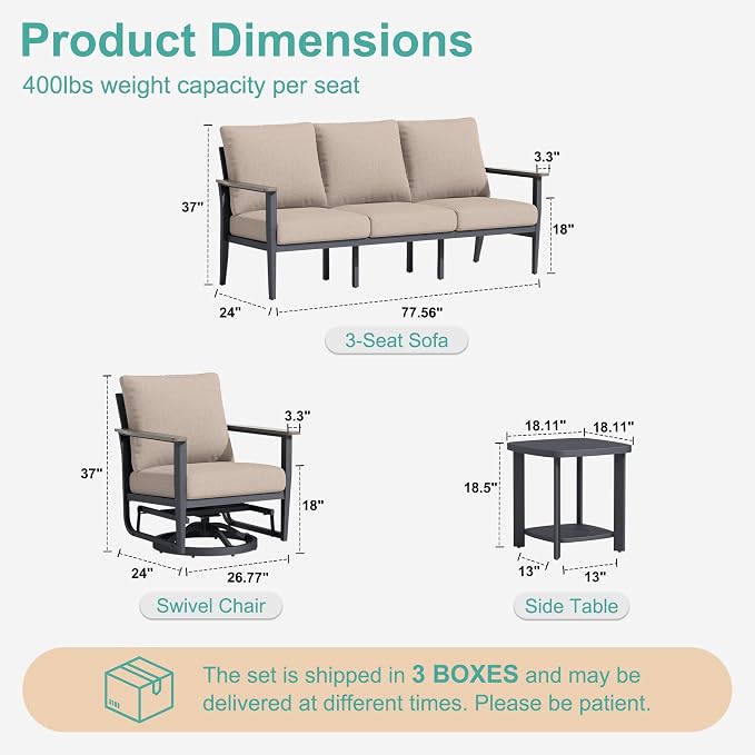 Aluminum Outdoor Patio Furniture Set with Swivel Rocking Chair 7-Seat, Patio Conversation Set Sectional Furniture Set with High Backrest & Thickened Cushions for Backyard, Sand