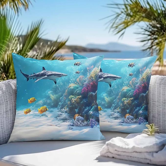 JasmineM Outdoor Pillow Cover Set of 2 Ocean Shark Waterproof Throw Pillow Covers Underwater Decorative Pillowcases Garden Cushion Case for Patio Couch Sofa 20x20 Inch